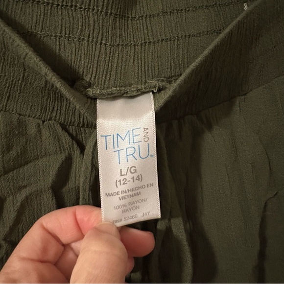 Olive Green Boho Rayon Pull On Pant • Floral Side Panel•  L 12-14 Time and Tru - Picture 2 of 9